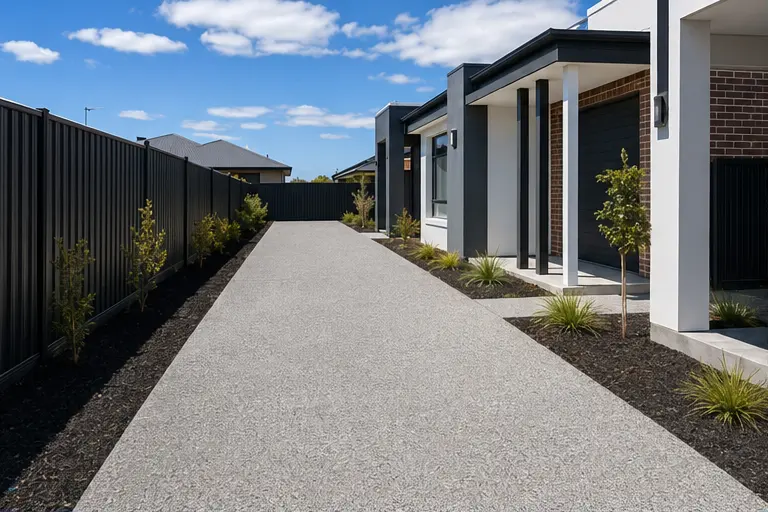 Long exposed aggregate driveway beside modern Adelaide home