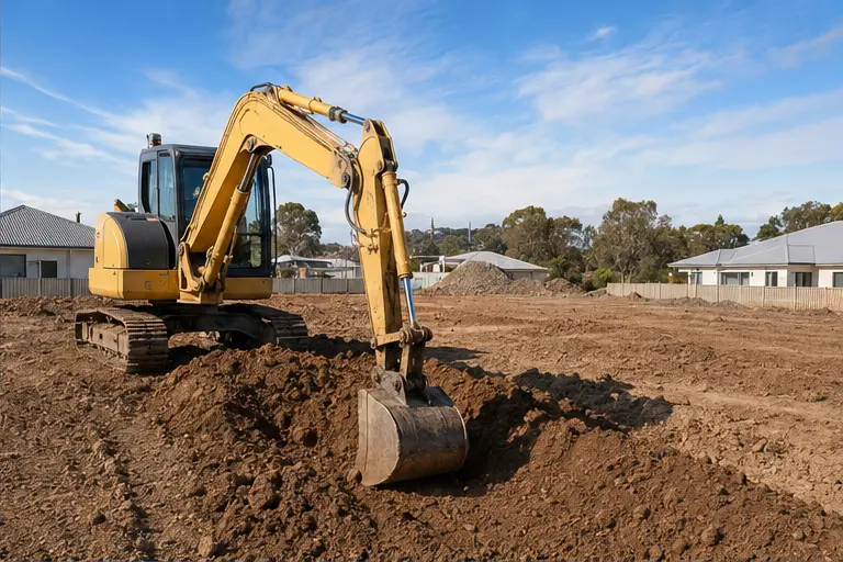 Yellow excavator preparing residential building site