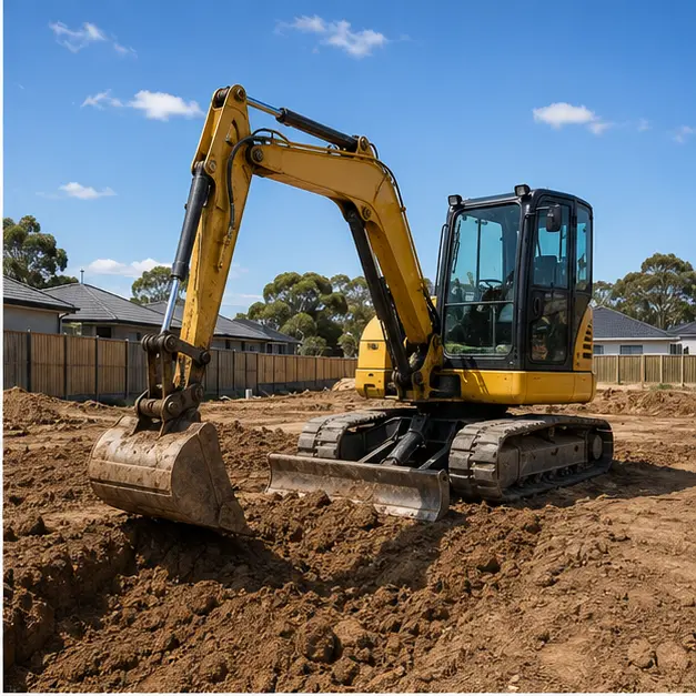Compact excavator working on a residential site